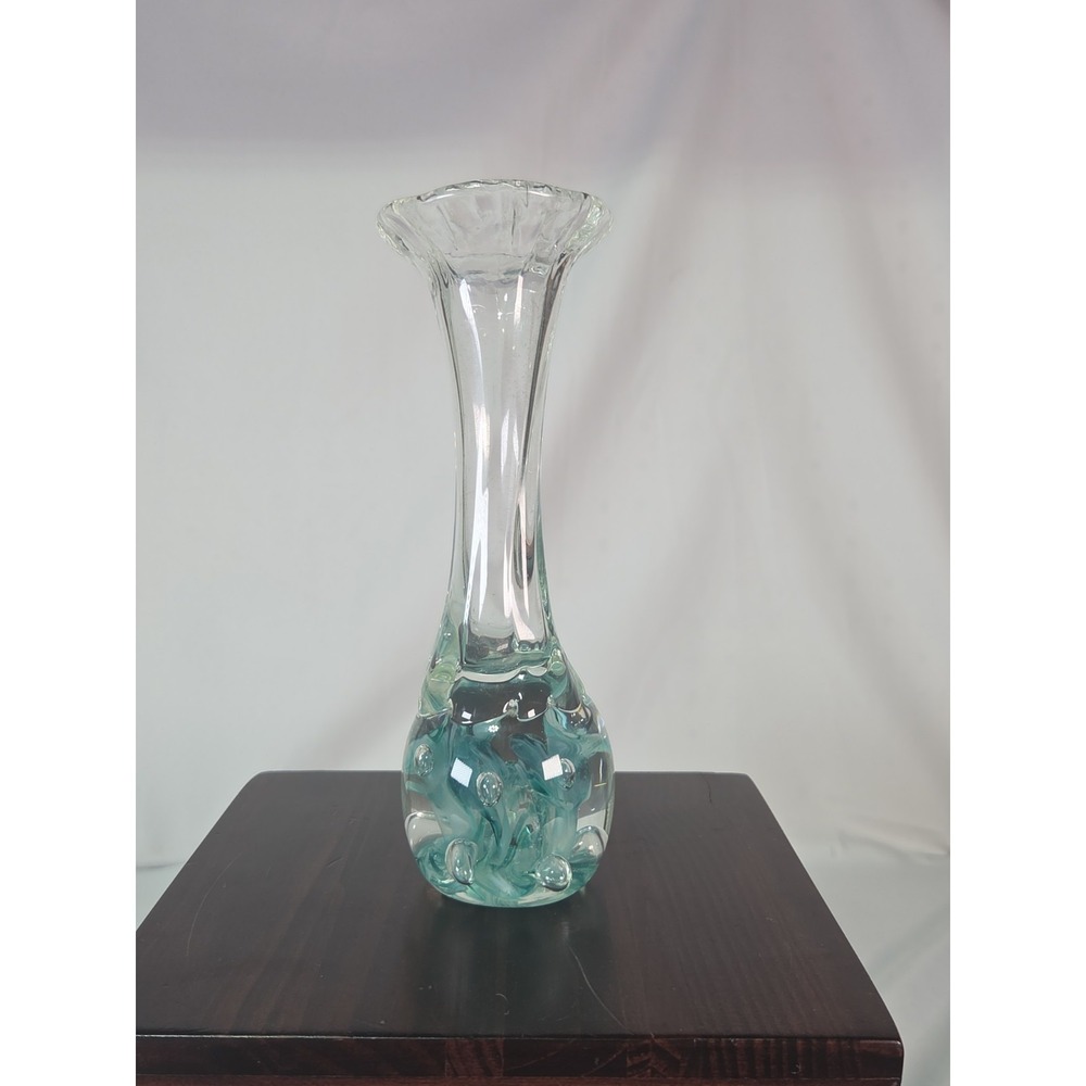 Joe Rice 8 Inch Teal Hand‎ Blown Floral Vase